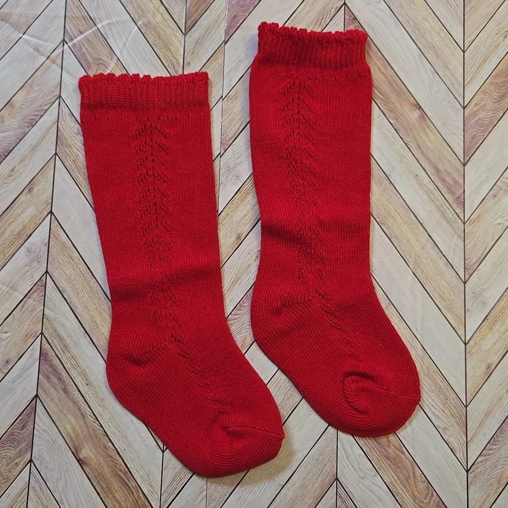 Baby Girl Red Knit Knee High Socks Vintage Style Christmas Holiday Accessory